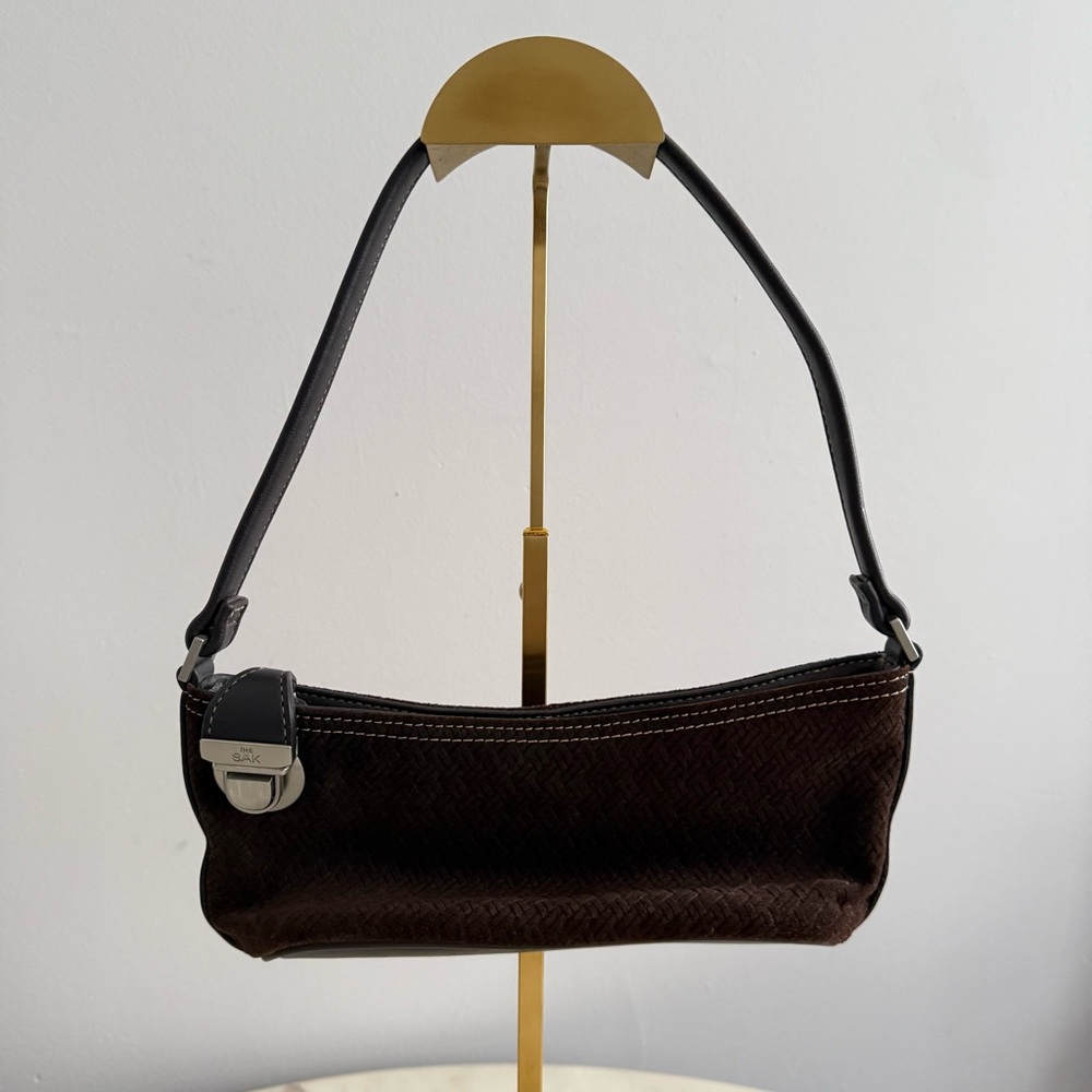 Vintage 90s/Y2K Chocolate Brown Leather Mini Baguette Shoulder Purse Bag THE SAK